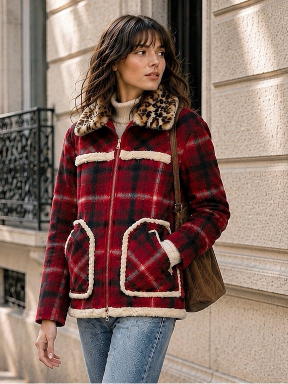 No.21 Red Plaid Faux Shearling Jacket with Leopard Faux Fur Collar Size M